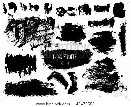 Brush strokes and backgrounds set. Dirty spots and textured elements isolated on white background. Black trendy hatches for banners buttons and prints.