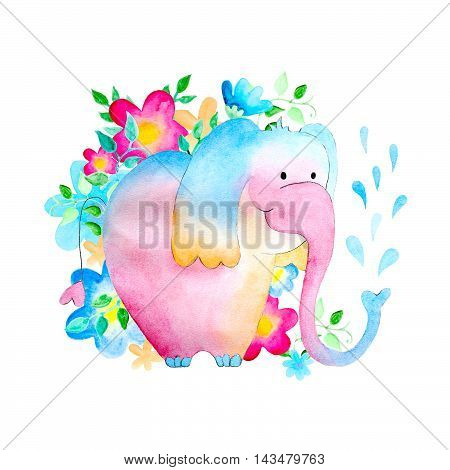Watercolor happy elephant with flowers. Children's illustration. Cute background with cheerful animals isolated on white.