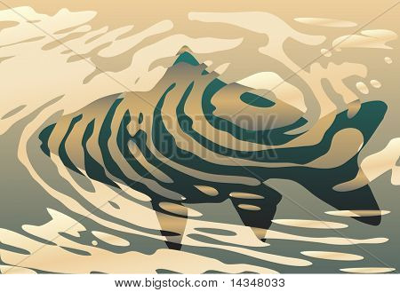 Ontwerp van de achtergrond van de vector van een vis in een pool van ripples