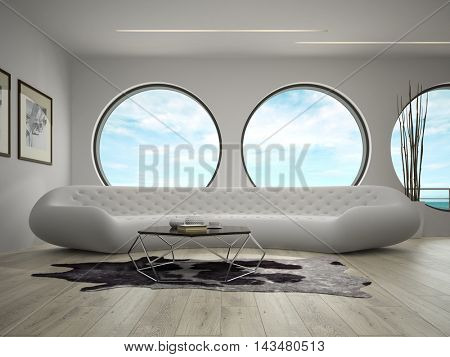 Interior of modern design room with sea view 3D rendering