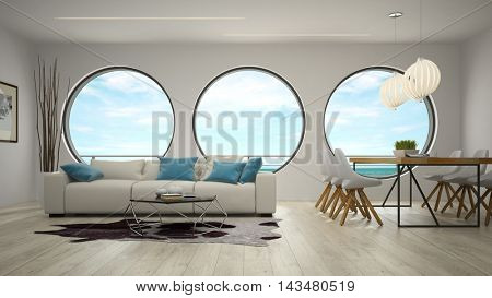 Interior of modern design room with sea view 3D rendering