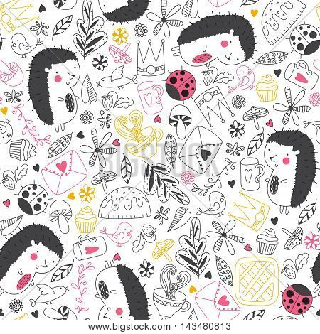 Cheerful seamless pattern with hedgehogs ladybugs tea cake and other cute things.Seamless pattern can be used for wallpapers pattern fills web page backgrounds surface textures. Cute vector wallpaper