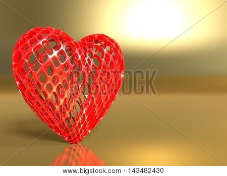 Red heart shape on a golden background. 3D rendering.