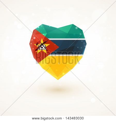 flag of Mozambique in shape of diamond glass heart in triangulation style for info graphics, greeting card, celebration of Independence Day, printed materialsFlag of Laos in shape of diamond glass heart in triangulation style for info graphics, greeting c