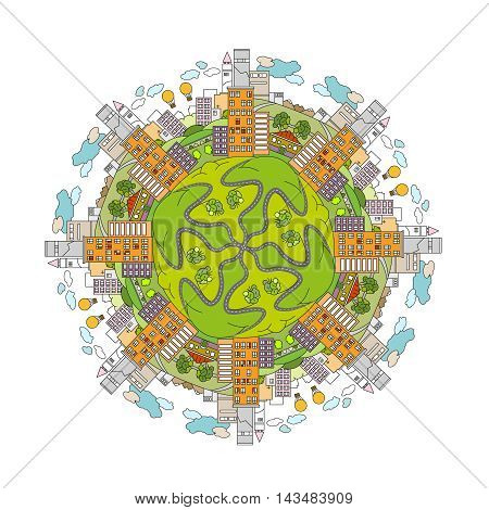 Handdrawn doodle city mandala image. Decorative ornamental vector illustration in oriental style. Colorful bright concept. Useful for coloring book, poster or children book creative design