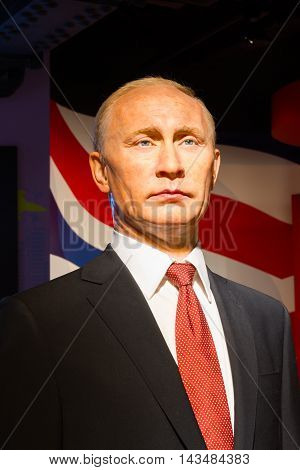 BANGKOK THAILAND - DECEMBER 19: Wax figure of the famous Vladimir Putin from Madame Tussauds on December 19 2015 in Bangkok Thailand.