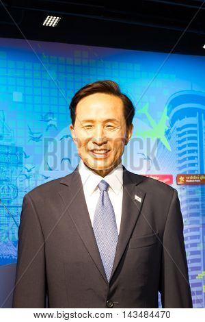 BANGKOK THAILAND - DECEMBER 19: Wax figure of the famous Lee Myung Bak from Madame Tussauds on December 19 2015 in Bangkok Thailand