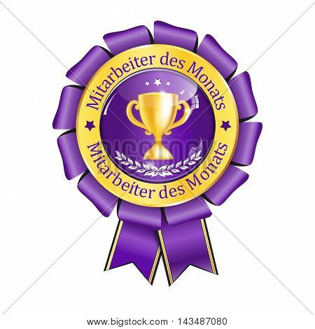 Employee of the month in German language (Mitarbeiter des Monats)  with a golden champions cup - elegant golden purple award ribbon