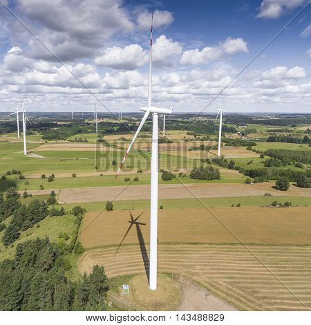 Wind Turbines In Suwalki. Poland. View From Above. Summer Time.