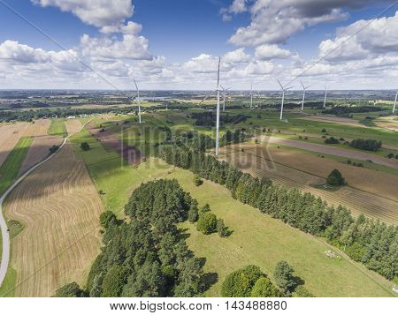 Wind Turbines In Suwalki. Poland. View From Above. Summer Time.