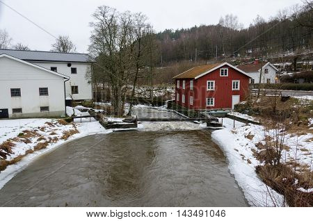 Kungsbacka river with cold water one grey day in early spring
