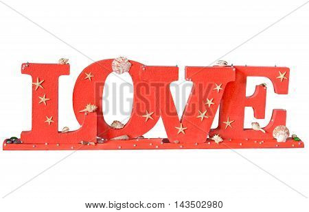 the word " Love " in red letters in a marine style on a white background