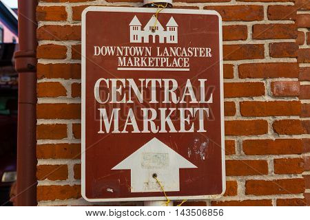 Lancaster PA - August 20 2016: Central Market Sign in the City of Lancaster.