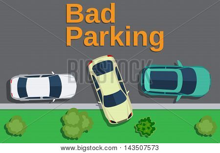 Bad parking. Top view of a car parked on the lawn with trees. Vector illustration in flat design