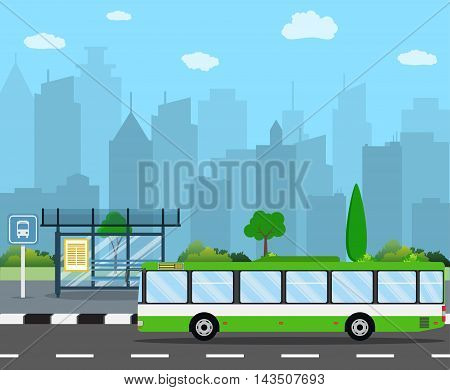 bus stop with seats and green city bus with City Skyline. Vector illustration in flat design