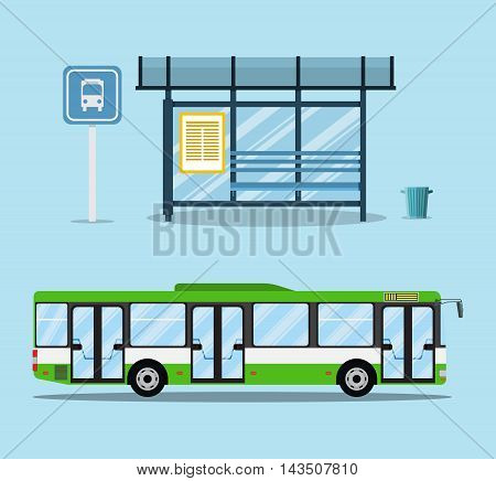 bus stop with seats and green city bus. vector illustration in flat design on light background