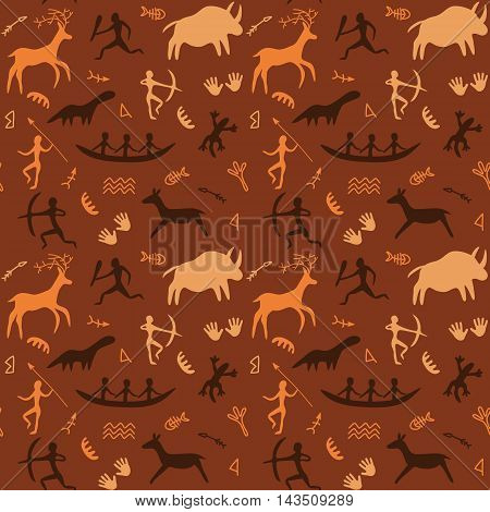 Vector Seamless Pattern with Cave Drawings Theme, hunting caveman and wild animals