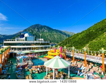 Kotor, Montenegro - May 07, 2014: The upper deck of cruise Ship Norwegian Jade by NCL