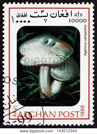 AFGHANISTAN - CIRCA 1999: a stamp printed in Afghanistan shows Field Mushroom Agaricus Campestris Mushroom circa 1999