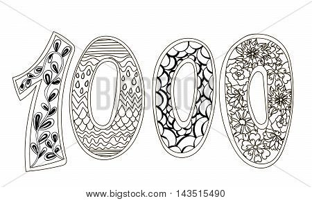 Zentangle number 1000. Zendoodle numbers with zentangle elements. Illustration can be used for web design, booklets, print cards, textile t-shirts, print elements and other. Vector