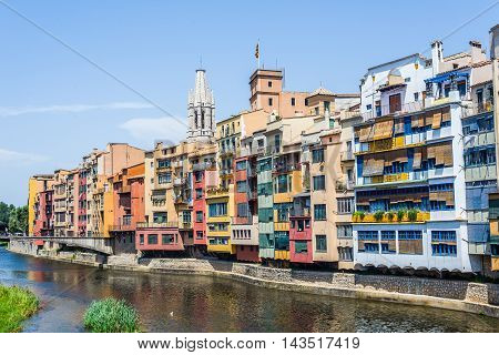Onyar River Crossing The Downtown Of Girona. Spain
