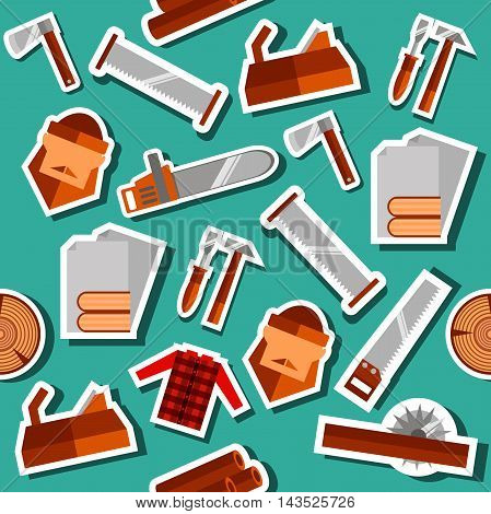 Lumberjack flat collage set with lumberjack tools icons vector illustration. Lumber axe, wood truck, woodcutter and other
