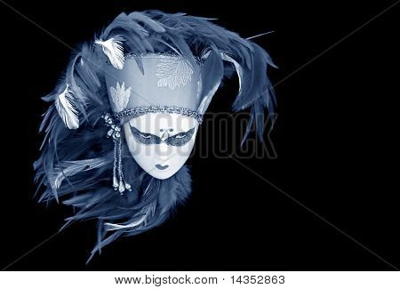 Bambola maschera veneziana con copricapo piumato.  Tono blu.