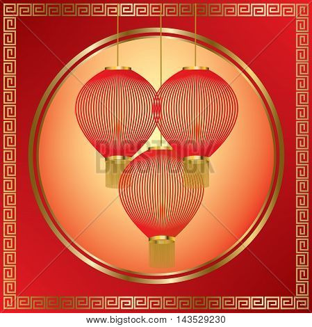 Red Chinese lanterns with golden border on red and orange background
