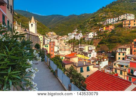 Aerial panoramic view of Riomaggiore fishing village in Five lands, Cinque Terre National Park, Liguria, Italy.