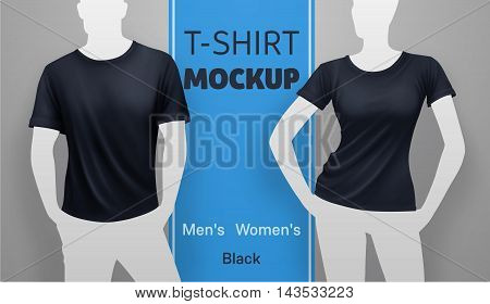 White men and women t-shirt mockup. Vector realistic illustration