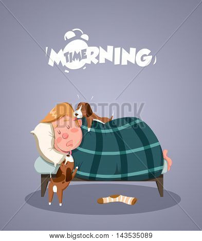 Daily Morning Life. Dogs trying to wake up owner. Vector illustration