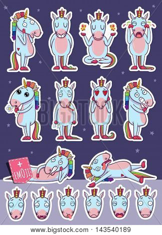 Cartoon Unicorn Character. Emoticon Stickers With Different Emotions. Vector Illustration.