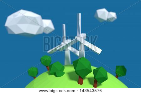 Two white wind turbine generator on the earth with good ecology low-poly 3d rendered