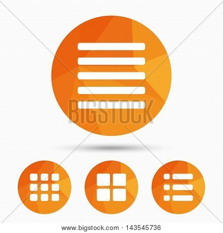 List menu icons. Content view options symbols. Thumbnails grid or Gallery view. Triangular low poly buttons with shadow. Vector