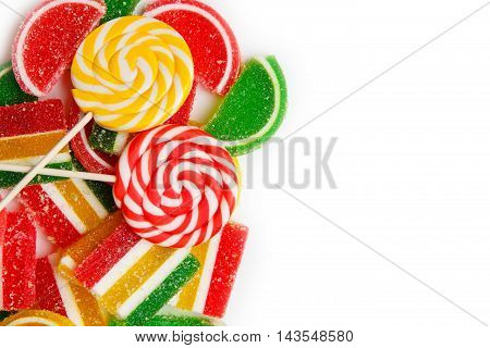 Many Bright Color Jelly Candies, Sweets With Sugar Tasty As Jujube And Lollipops. Copy Spase