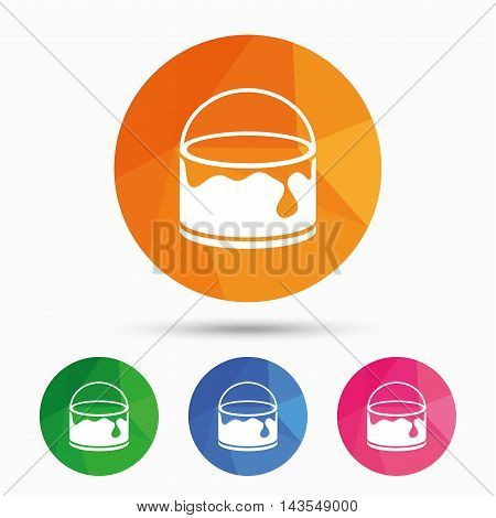 Bucket of paint icon. Painting works sign. Painter equipment. Triangular low poly button with flat icon. Vector