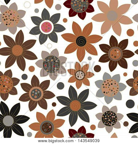 Floral seamless cute pattern simple design. Primitive flowers seamless ornament. Brown flowers on white background. Vector illustration