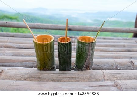 Handmade bamboo tube for drinking water with beauty nature background