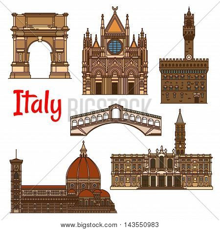 Italian historical travel sights icon with linear Florence Cathedral, Church of Santa Maria Maggiore, Siena Cathedral, Rialto Bridge, ancient Arch of Titus and Palazzo Vecchio