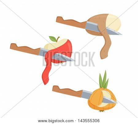 Peel vegetables and fruit set. Peel the potatoes, onion, apple. Cooking process vector illustration. Kitchenware and cooking utensils isolated on white.