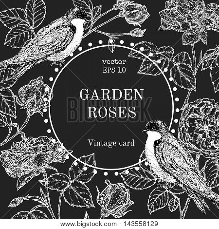 Vector vintage round frame with birds and flowers. Black and white. Fit for wedding card invitation greetings.