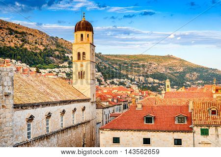 Dubrovnik Croatia. Sunset golden light over Old Town roofs of Ragusa (Duvrovnik).