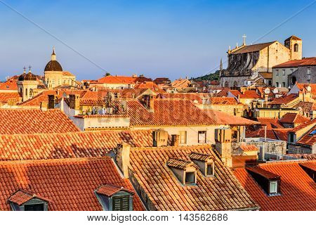 Dubrovnik Croatia. Sunset golden light over Old Town roofs of Ragusa (Duvrovnik).