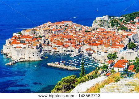 Dubrovnik Croatia. Picturesque view on the old town (medieval Ragusa) and Dalmatian Coast of Adriatic Sea.