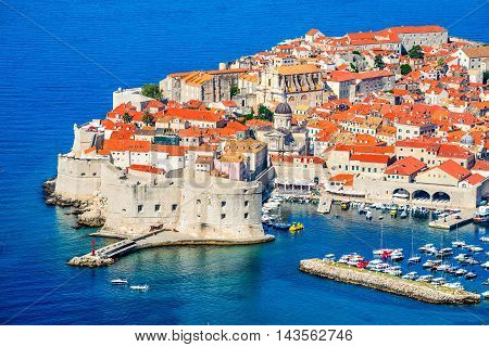 Dubrovnik Croatia. Picturesque view on the old town (medieval Ragusa) and Dalmatian Coast of Adriatic Sea.