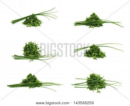 Pile of chopped green onion scallions isolated over the white background, set of six different foreshortenings