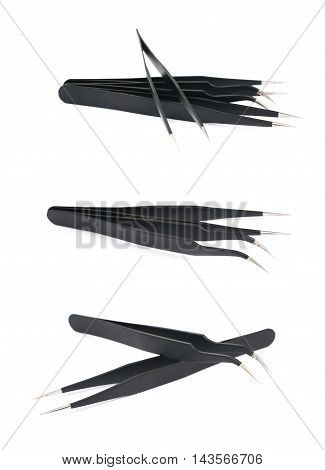 Pile of black metal anti-static tweezers tools isolated over the white background, set of three different foreshortenings