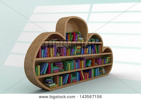 Various colourful books on wooden shelves against squares on bright background