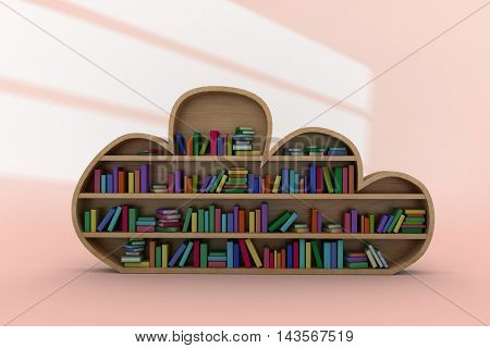 Various colourful books arranged on wooden shelves against white shapes on orange background