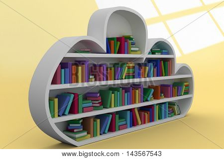 gray shelf with various colorful books against white squares on yellow background